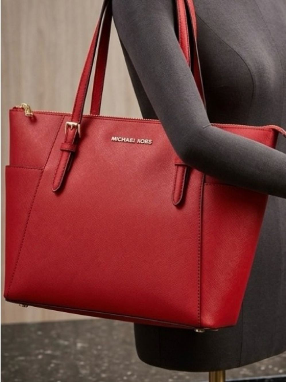 MICHAEL KORS Red Saffiano Tote with Gold Hardware